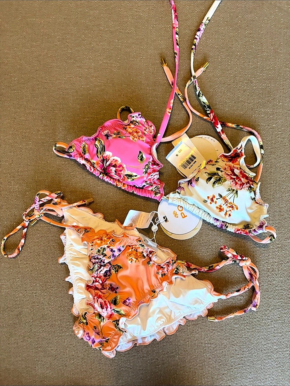PQ Swim Embroidered Lettuce Edge Triangle Top and Tie Side Bottom Dahlia